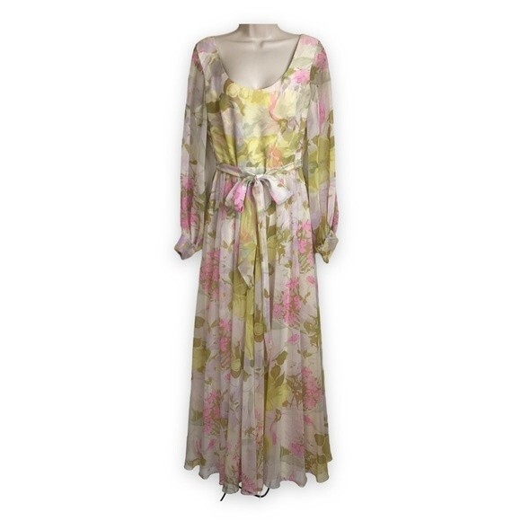 Vintage 1970s Floral Chiffon Maxi Dress Long Sleeve Tie Belt Back Zip Medium - Picture 2 of 14